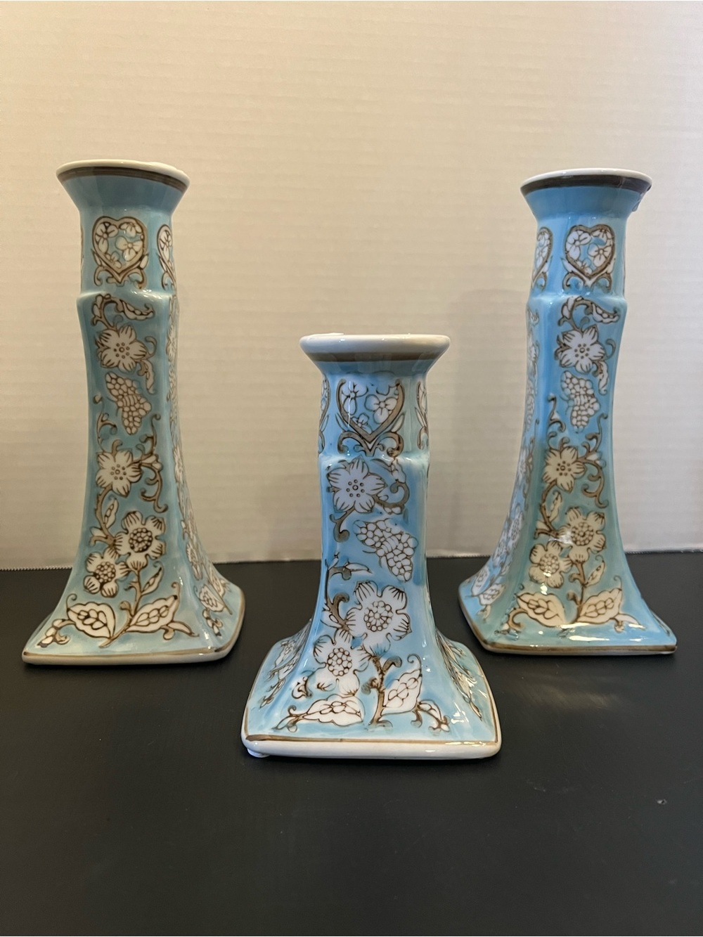 Light Blue Decorative Floral Ceramic Candle Holders - Set of 3